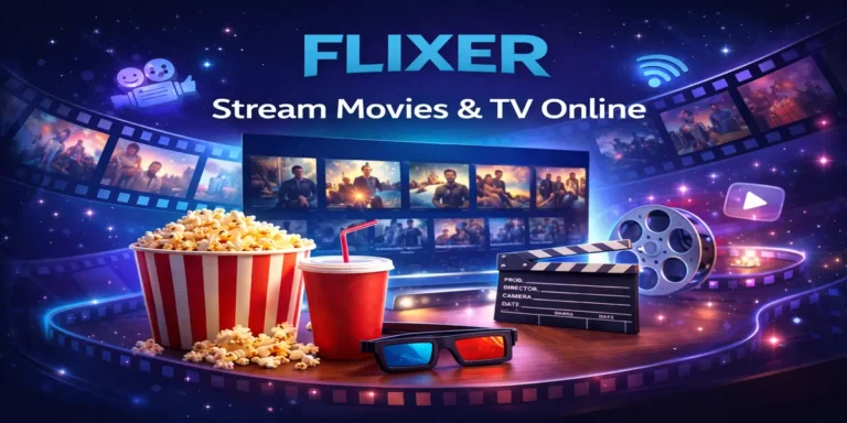 Cinematic banner for Flixer featuring a glowing streaming screen, popcorn, soda, 3D glasses, film reel, and clapperboard on a starry blue background with the text “Flixer – Stream Movies & TV Online.”